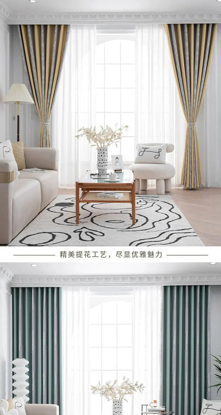 Rideau salon gris et jaunes à motifs