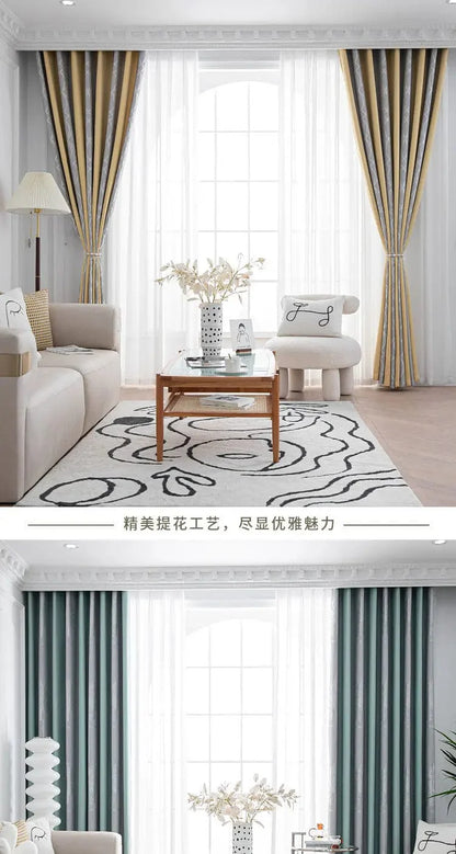 Rideau salon gris et jaunes à motifs