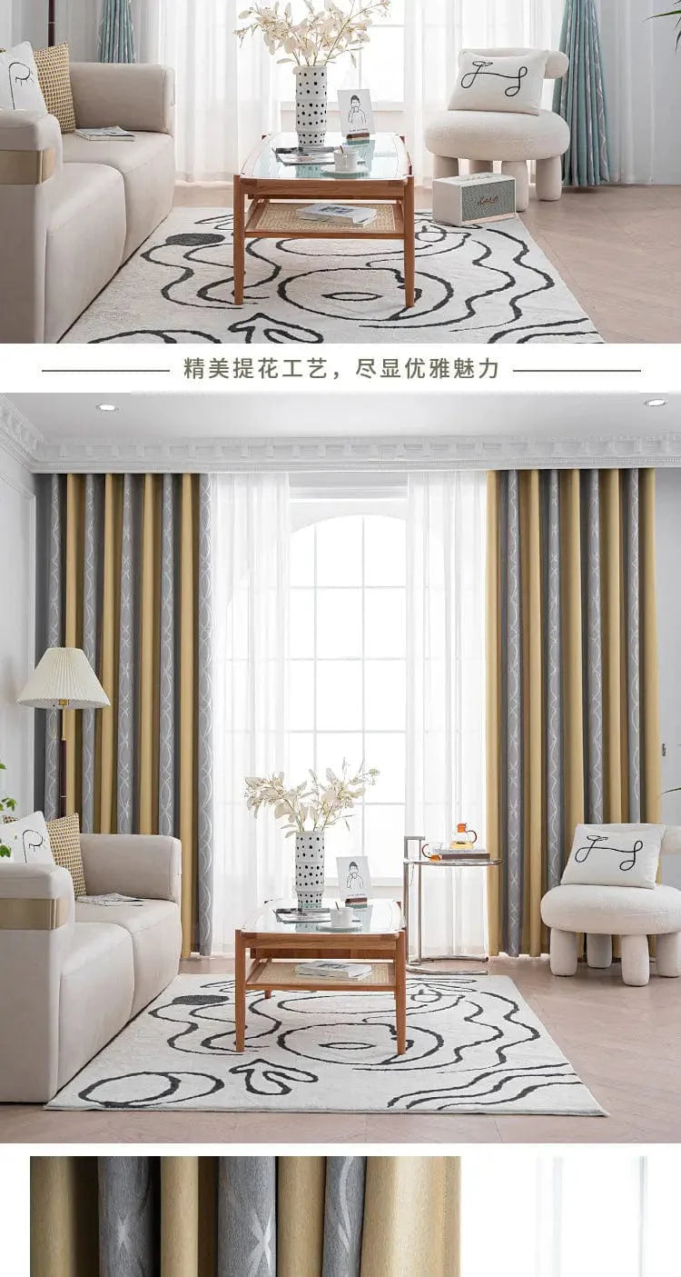 Rideau salon gris et jaunes à motifs