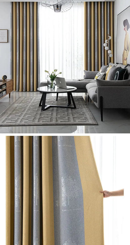 Rideau salon gris et jaunes à motifs
