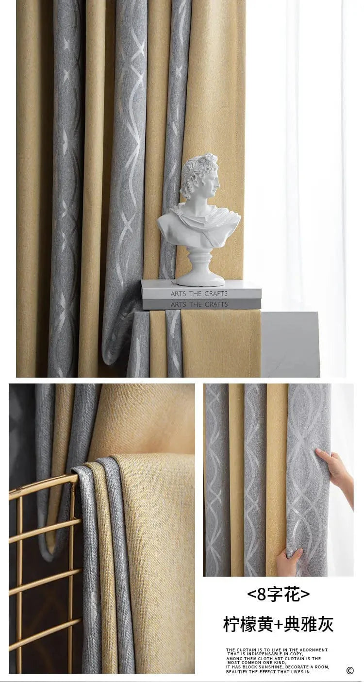 Rideau salon gris et jaunes à motifs