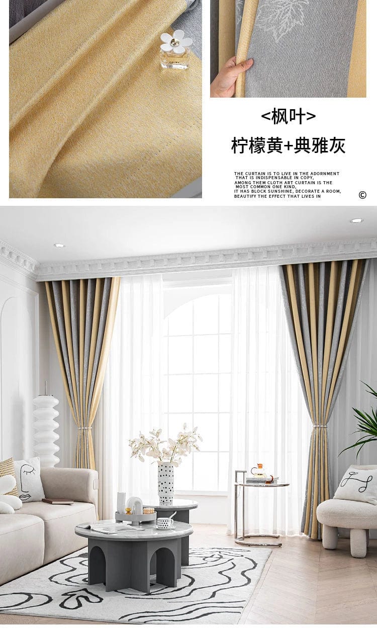 Rideau salon gris et jaunes à motifs